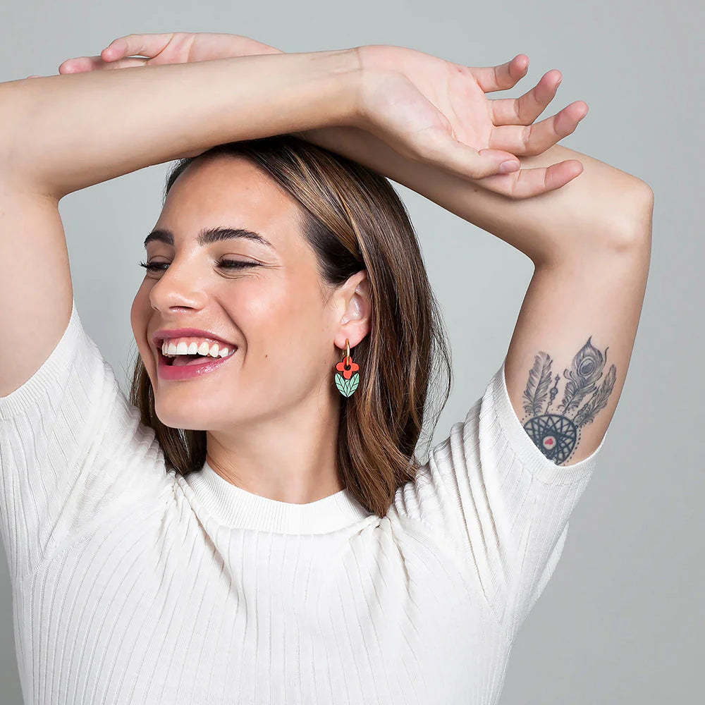 Red Folk Flower Hoop Earrings