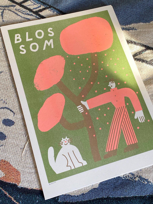 Man And Cat Shaking Blossom A3 Riso Print