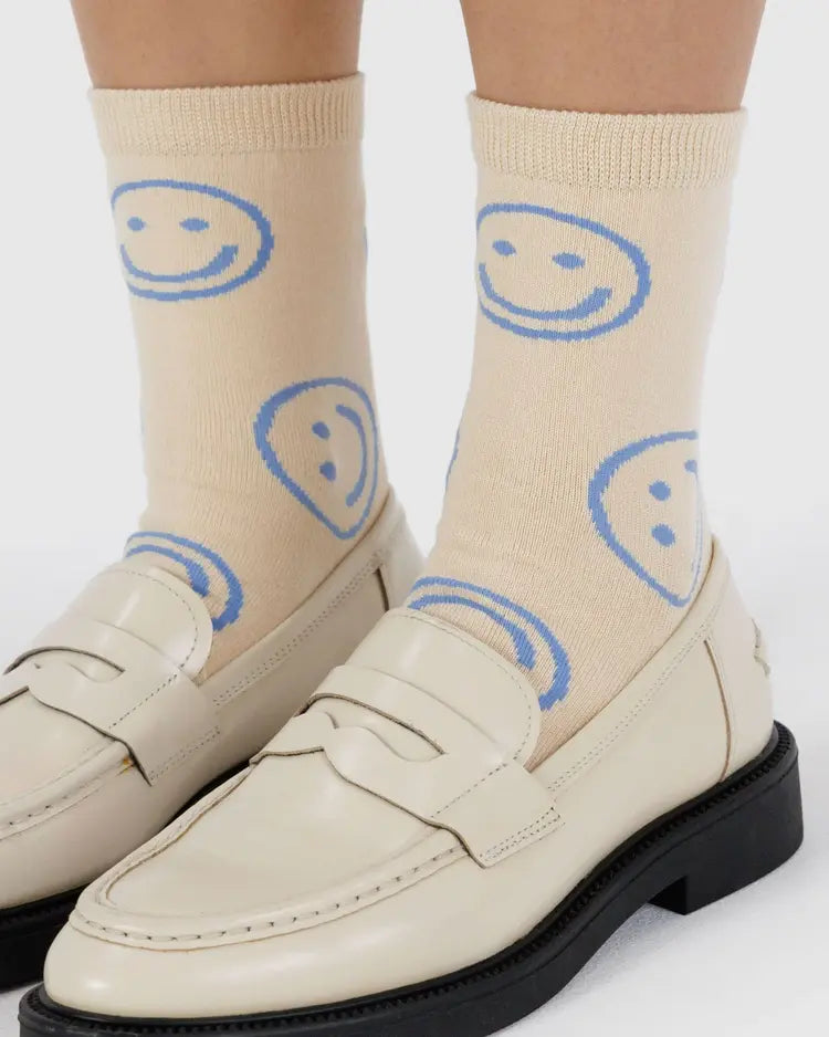Ecru Periwinkle Happy Crew Socks