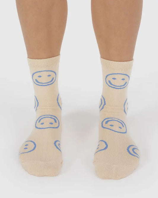 Ecru Periwinkle Happy Crew Socks