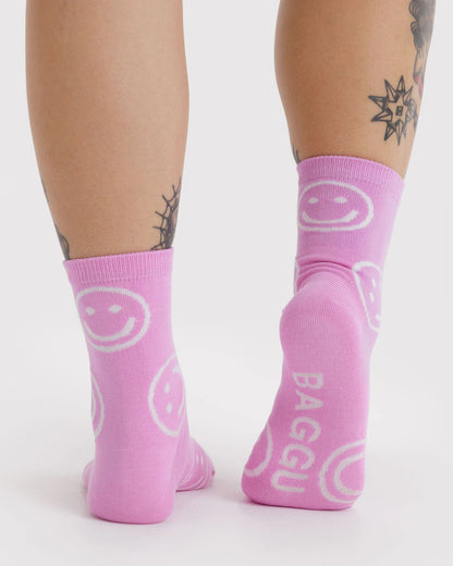 Pink Happy Crew Socks