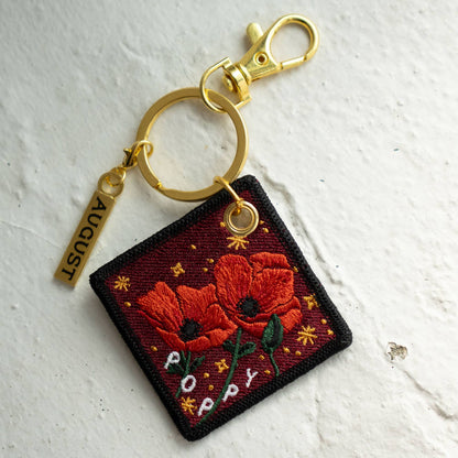Poppy  August Birth Flower Embroidered Keychain