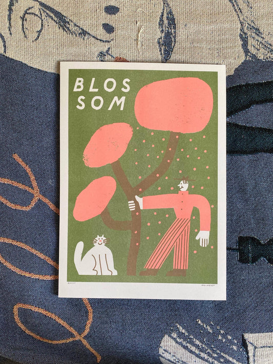 Man And Cat Shaking Blossom A3 Riso Print