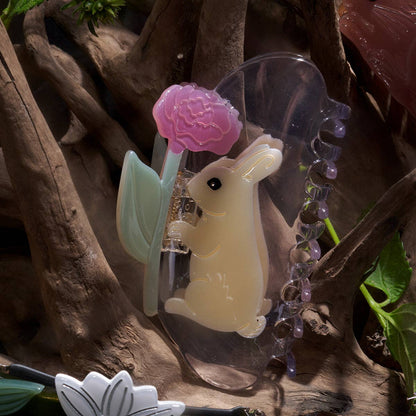 Bunny Rabbit with Pink Peony Flower Hair Claw