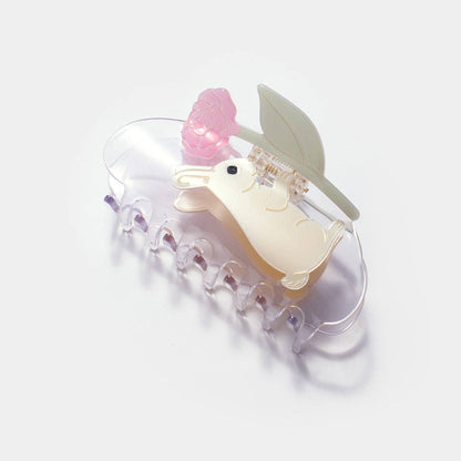 Bunny Rabbit with Pink Peony Flower Hair Claw