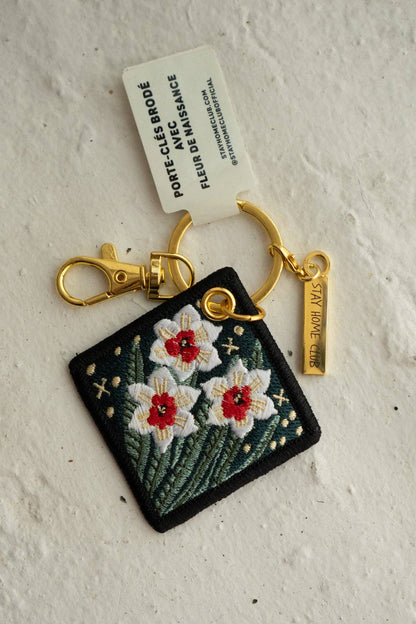 Daffodil March Birth Flower Embroidered Keychain