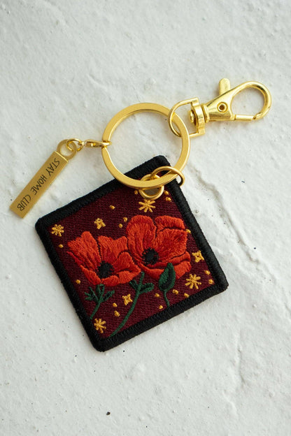 Poppy  August Birth Flower Embroidered Keychain