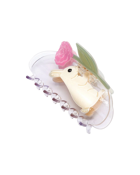 Bunny Rabbit with Pink Peony Flower Hair Claw