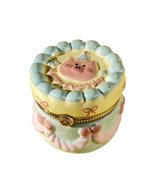 Pig Birthday Cake Hand Painted Trinket Box