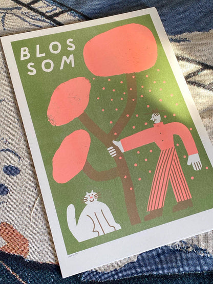 Man And Cat Shaking Blossom A3 Riso Print
