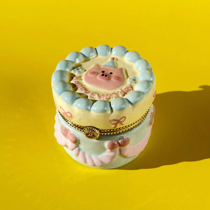 Pig Birthday Cake Hand Painted Trinket Box