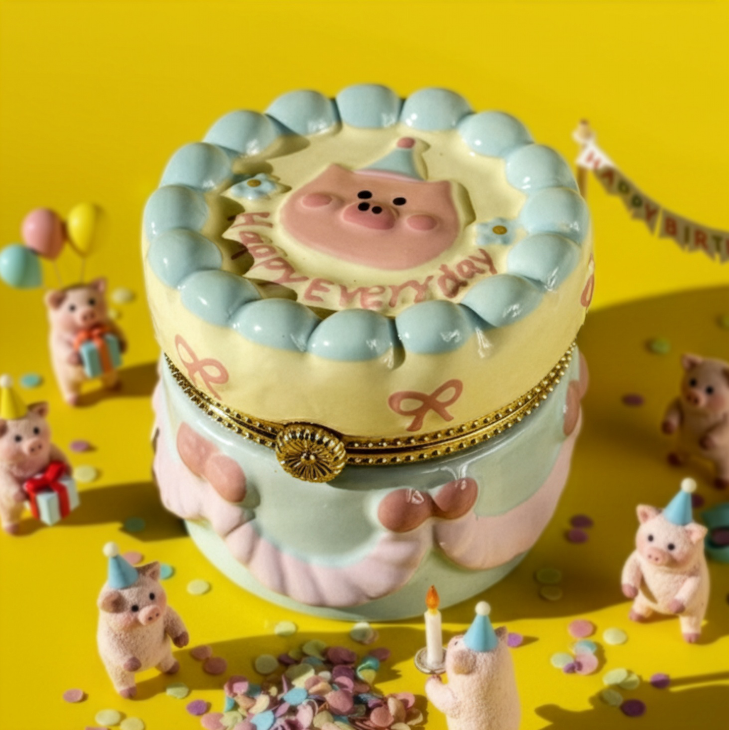 Pig Birthday Cake Hand Painted Trinket Box