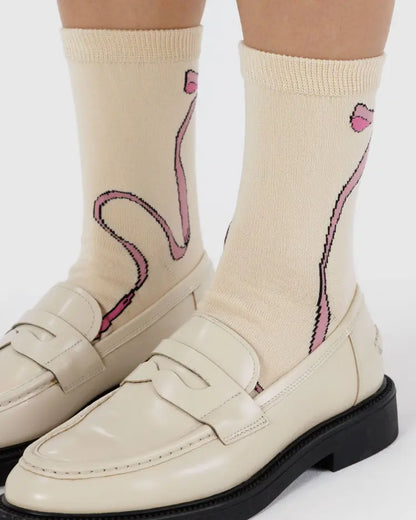 Pink Bow Happy Crew Socks
