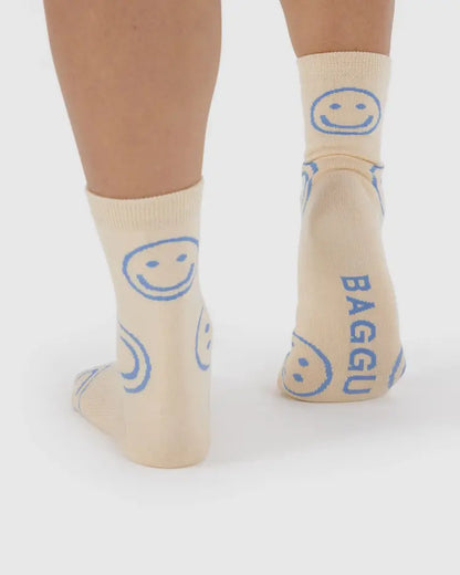 Ecru Periwinkle Happy Crew Socks