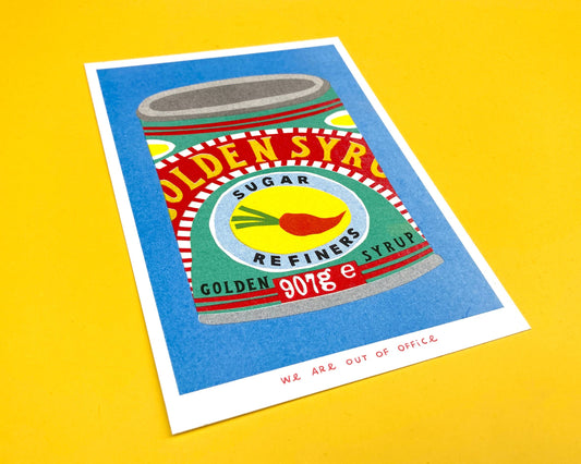 A risograph print of a can of Golden Syrup