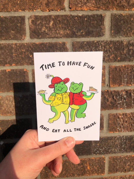 Time To Have Fun and Eat All the Snacks Cute Frog A6 Greetings Card